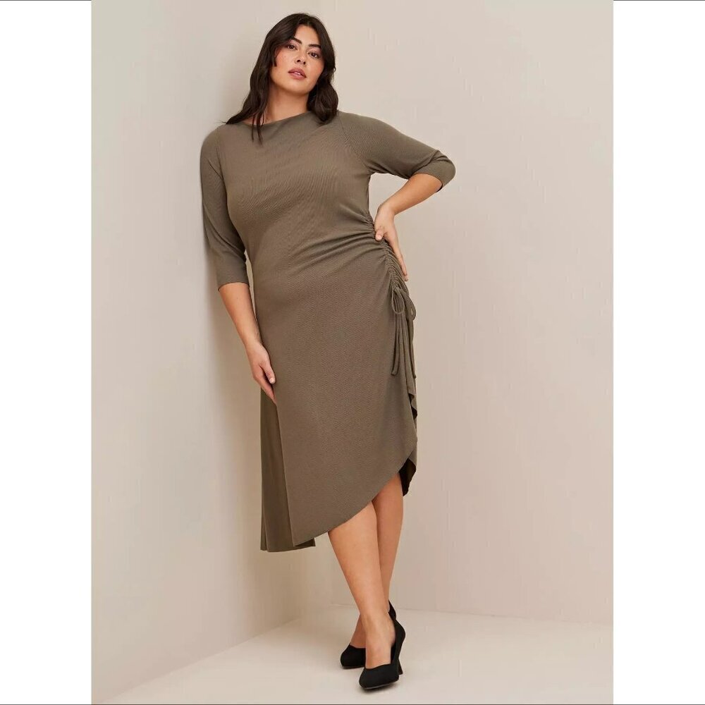 Torrid asymmetric ruched dress ribbed knit olive green stretch boatneck new 2X